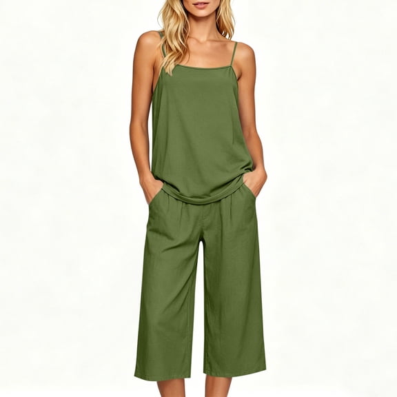 Cagogo Women V Neck Sleeveless Tank Top Wide Leg Pants Two Piece Set Casual Summer Outfits Loose Fit Tops Comfy Pants Matching Lounge Sets Tracksuits Travel Airport Clothes, Army Green L