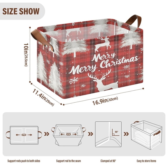 BZSMCE Collapsible Fabric Cube Storage Bins Simple Red Plaid Pattern with Reindeer Design Pattern Storage Box