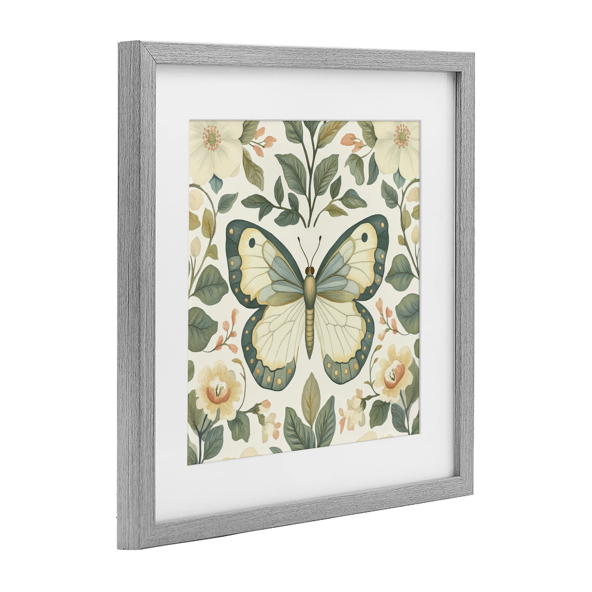 Stupell Industries Sage Butterfly and Florals Gray Framed Print Under Glass, design by Petal Prints Design