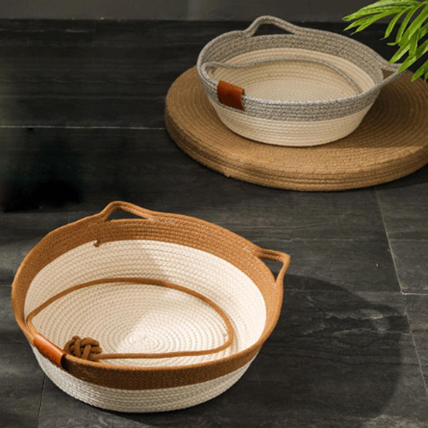 Handwoven Cat Basket Bed with Handles and Toy Ball, Cotton Rope Foldable Sleeping Basket for Indoor Cats, Scratchable Interactive Pet Nest for Cats All-Season, Breathable Weave (Small,Brown)