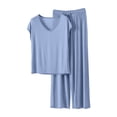 thumbnail image 2 of QUNYINEY Comfy Woman Pajama Set Cotton Short Sleeve Blue 2 Piece Top And Pants Casual V Neck Loungewear for Women, 2 of 6
