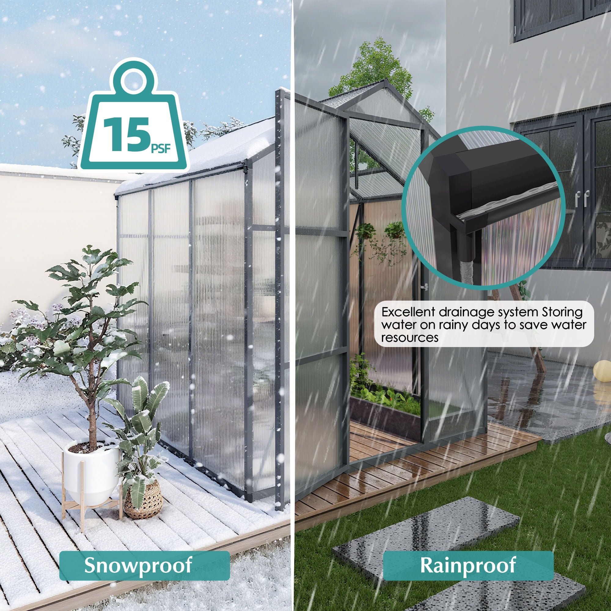 MAYEERTY 6x6 FT Walk-in Greenhouse with Raised Base, Aluminum Frame, All-Season Windproof Outdoor Greenhouse