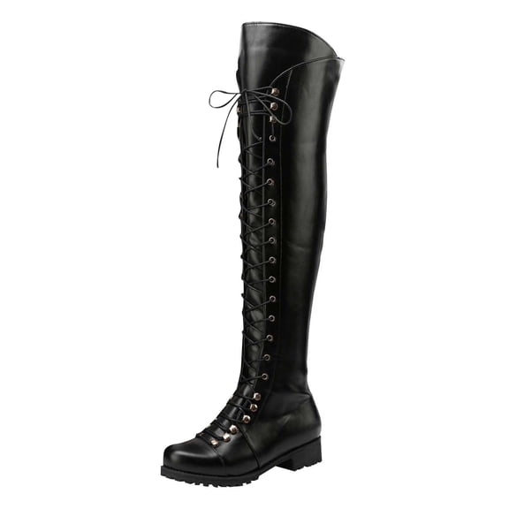 Black Women'S Wrap Strap Over-The-Knee Boots Mid Heel Pu Material Comfortable Fit Fall Winter