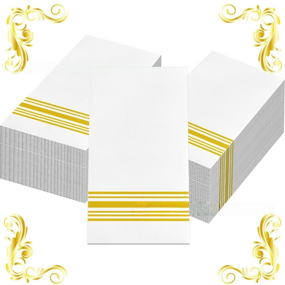 100 Pieces Guest Napkins Disposable Paper Towels Rectangular Dinner Hand Towels for Home Kitchen Bathroom and Other Holiday Table Decoration Party Supplies(Gold stripes)
