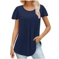 thumbnail image 2 of Fanxing Women's Button Up V Neck Shirts Trendy Pleated Tunic Blouses Solid Short Seeve Tees Summer Tops Navy,XXL, 2 of 6