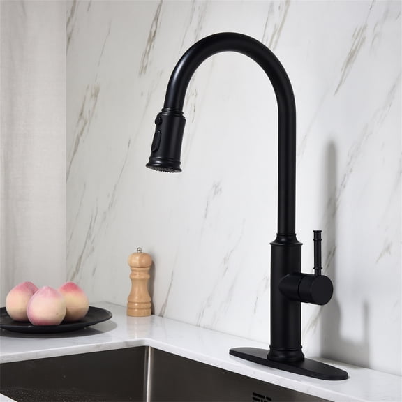Cfowner Kitchen Faucet, Commercial Faucet with Pull Down Sprayer, Single Handle Sink Faucet, 360°Swivel Spout, 2 Modes, Matte Black