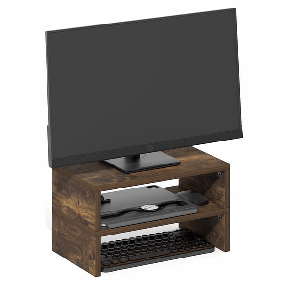Furinno Classic Monitor Stand Riser Set of 2, Dual Monitor Riser, Stackable Separable Laptop Stand for Desk, Desk Organizers and Accessories, for Office Supplier, Office Desk Accessories, Amber Oak