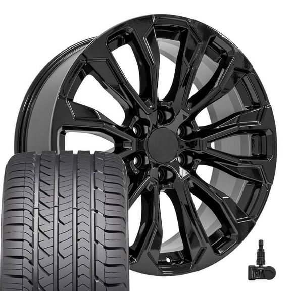 OE Wheels CV30 22 Inch Rims, Tires & TPMS Fit Yukon Denali Style 6x139.7 22x9 Gloss Black - Hollander 14025 - Eagle Sport AS 285/45-22 (Set of 4)