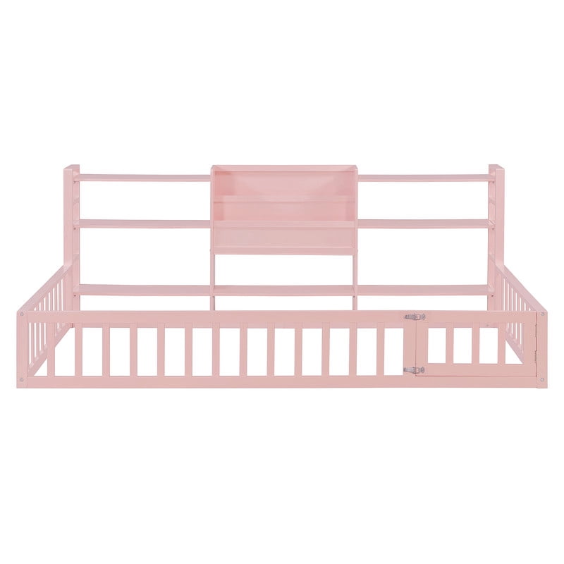 Twin Size Floor Bed with Integrated Bookcase and 3-Tier Storage Shelves, Low Profile Wood Toddler Bed Montessori Bed with Safety Guardrails for Boys Girls