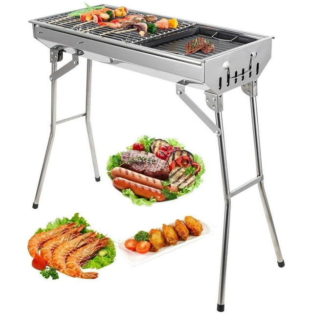 Charcoal BBQ Grill Outdoor Grill, SEGMART 28" Portable BBQ Charcoal Grill Lightweight BBQ Grill, Small Portable Charcoal Grill w/ Handle & Adjustable Grate, Stainless Steel, Easy Clean, Silver, H390