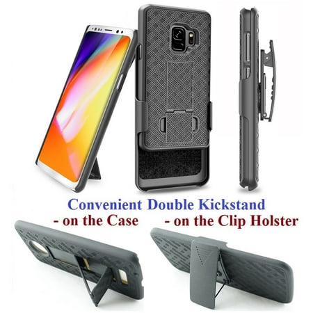 for 5.8" Samsung S 9 Galaxy S9 Case Phone Case Belt Clip Holster 2 Kick Stands Rugged Shield Slip Resistant Grip Grids Bumper Cover Black CASE ONLY