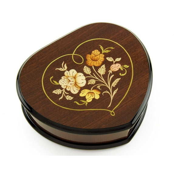 Elegant 30 Note Wood Tone Heart Shaped Music Jewelry Box with Floral in Heart Frame Inlay Design - I Left My Heart in San Francisco