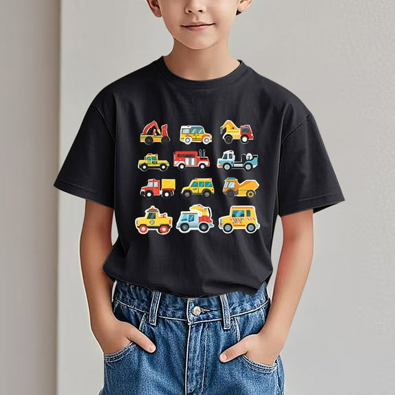 Spazoro Children's Boys Girls Shirts Tee, Graphic T-Shirts Short Sleeve Car Print Crew Neck Casual Summer Tops for Unisex Black Size 5 T