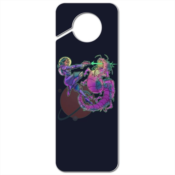 Science Fiction Space Woman and Alien Plastic Door Knob Hanger Sign