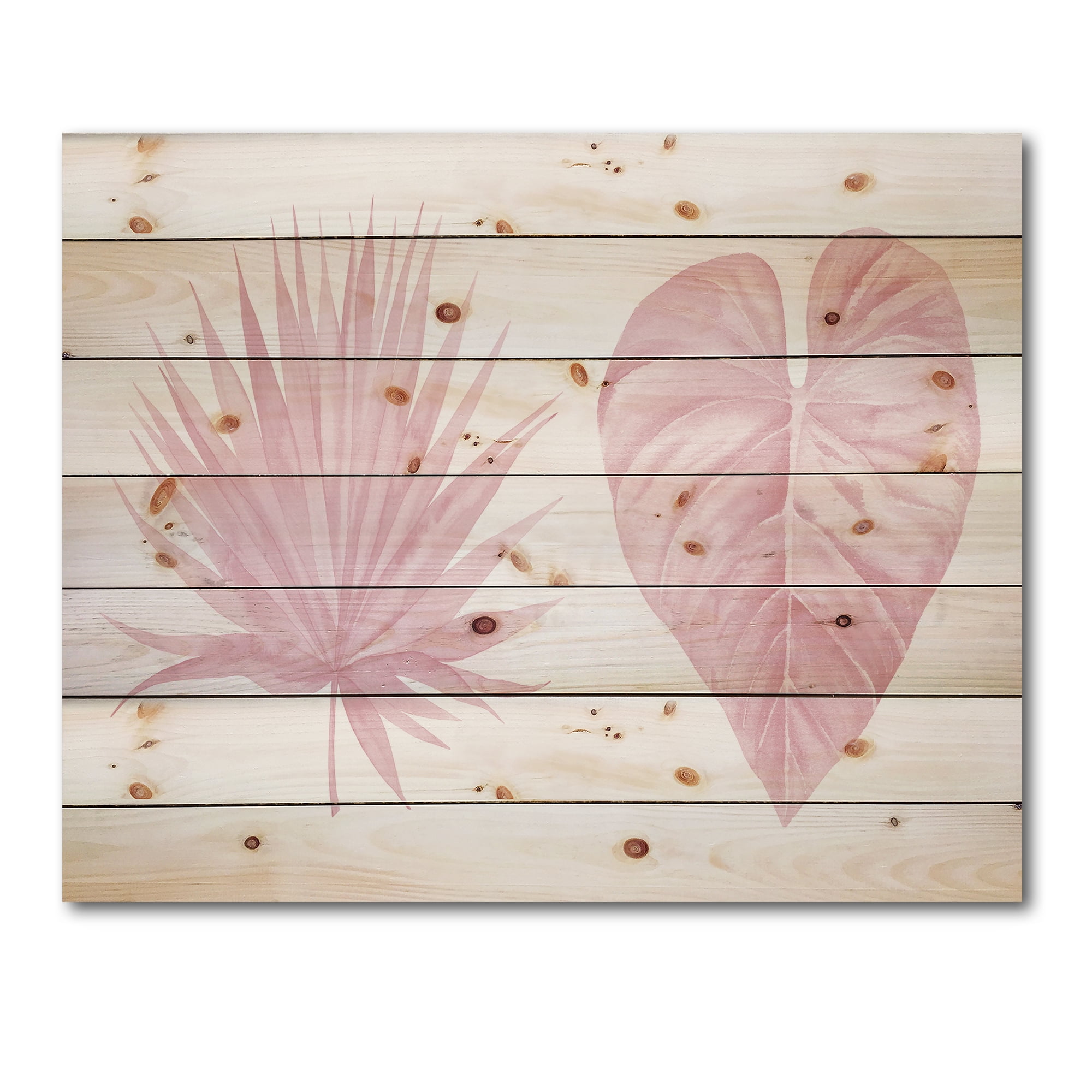 Designart 'Tropical Pink Watercolour Leaves On White II' Shabby Chic Print on Natural Pine Wood