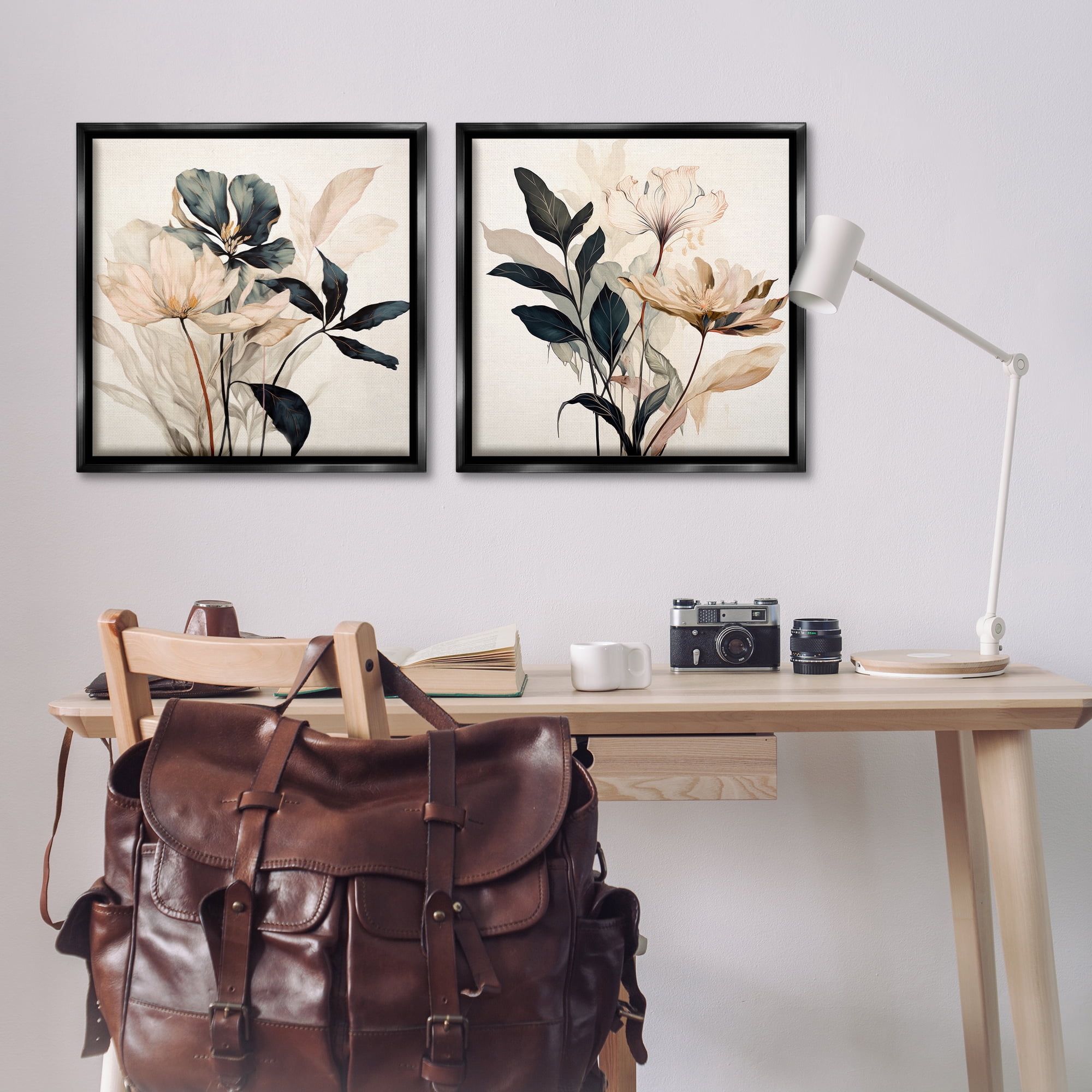 Stupell Industries Black & Beige Botanicals Plants & Flowers Painting Black Floater Framed Canvas Art Print Wall Art, 25 x 25, Set of 2