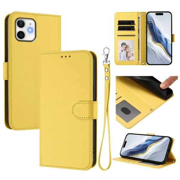 Allytechgroup for iPhone 12 Pro / 12 6.1" Flip Case, Slim Fit Shockproof Cover with Credit Card Slot, RFID Blocking Card Pocket Lanyard Shock-Absorbent Protective Bumper for Women Girls, Yellow