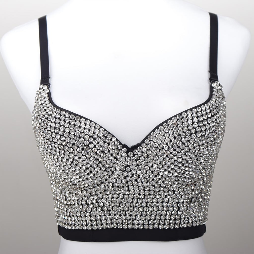 Women Glitter Diamond for Rhinestone Push Up Bra Bustier Underwire Padded Spaghetti Strap Camisole Sexy Punk Corset Crop