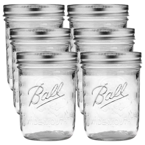 Ball Wide Mouth Glass Mason Jars with Lids and Bands, Used for Canning, Pickling, Juice, Jam, Jelly, Pint Size 16 Ounce Pack of 6