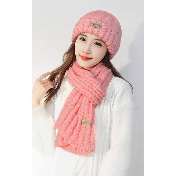 Conjunto de dos piezas de gorro de lana de color liso con bufanda cálida para mujer de invierno y protección para el cuello, gorro de punto