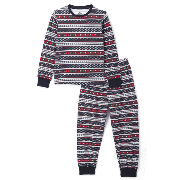 chopper club Boys' Cotton Knit Pajama Set – Navy XMAS Print, Long Sleeve Sleepwear, Sizes 6-16 (6-13 Years), Regular Fit with Cuffed Sleeves & Bottoms US4