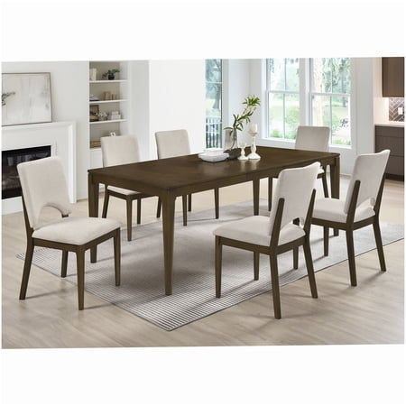 Extendable Dining Table and 6 Chair Set Light Beige Fabric Upholstery Wooden Contemporary Design with Angular Legs