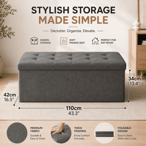 43" Storage Ottoman Bench, Folding Ottoman Foot Rest, Storage Chest with Thicker Seat, Storage for Blankets in Living Room, Entryway, Bedroom,