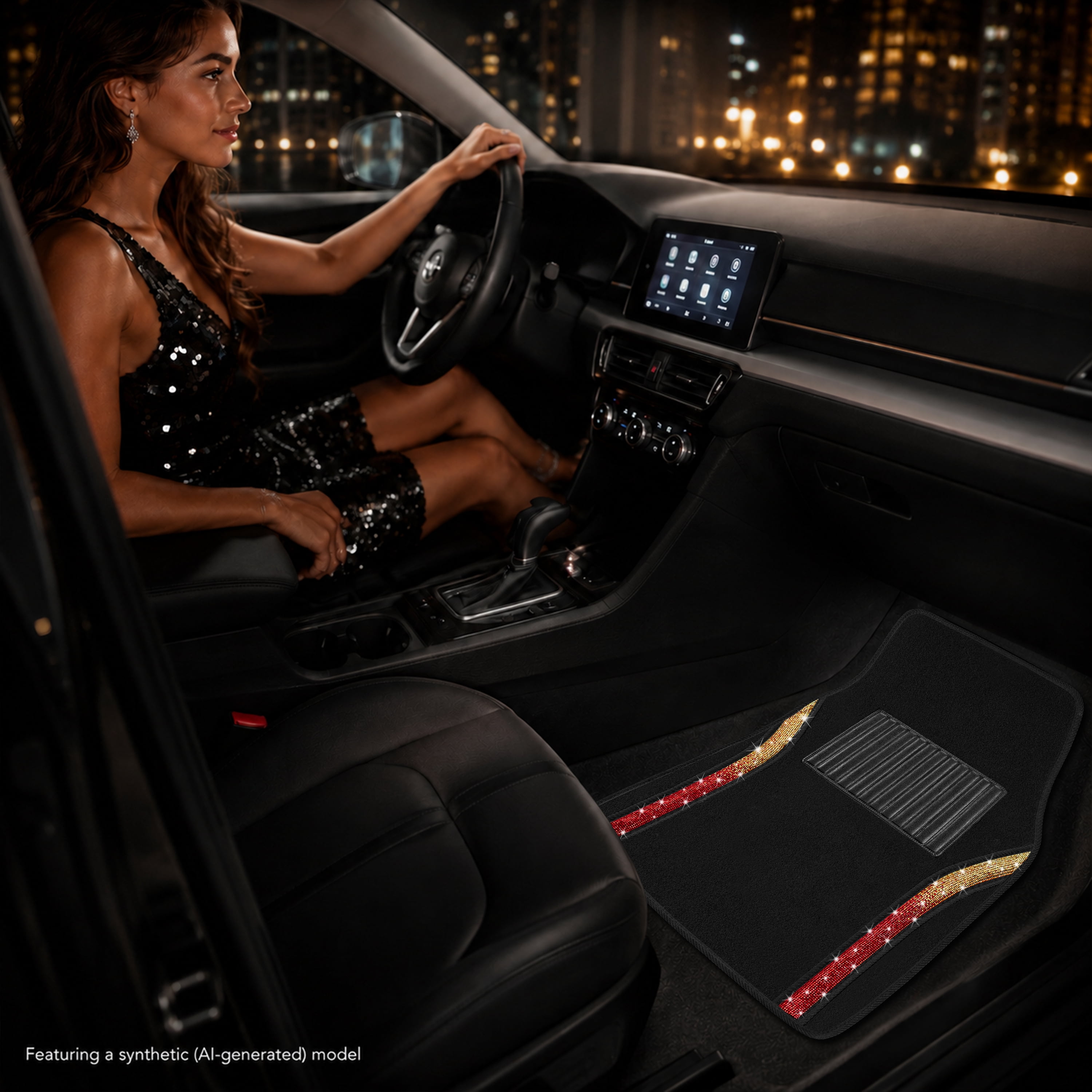Auto Drive Bling Diamond Car Floor Mats, 4-Piece Glitter Carpet Set, Universal Fit for Cars，SUVs Orange Red