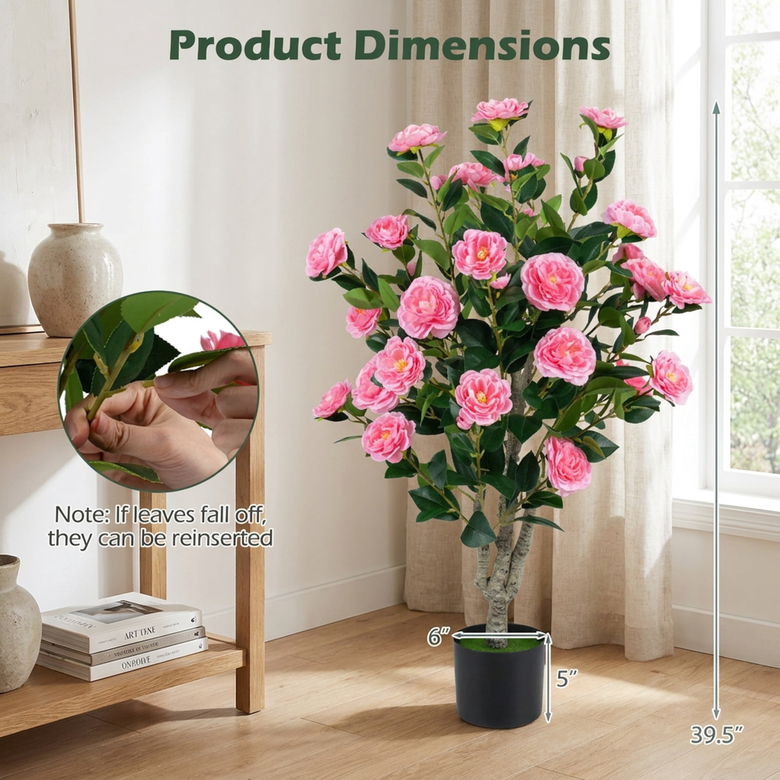Vebreda Artificial Plant Decor, 39.5" Artificial Camellia Tree with Orange Blossoms in Cement Pot for Home Decoration, Selected Materials