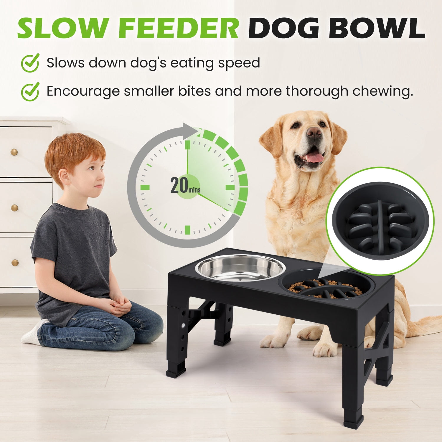 Elevated Dog Bowls Stand with 2 Stainless Steel Bowls & 1 Slow Feeder Adjusts to 5 Heights for Small Medium and Large Dogs(Black)
