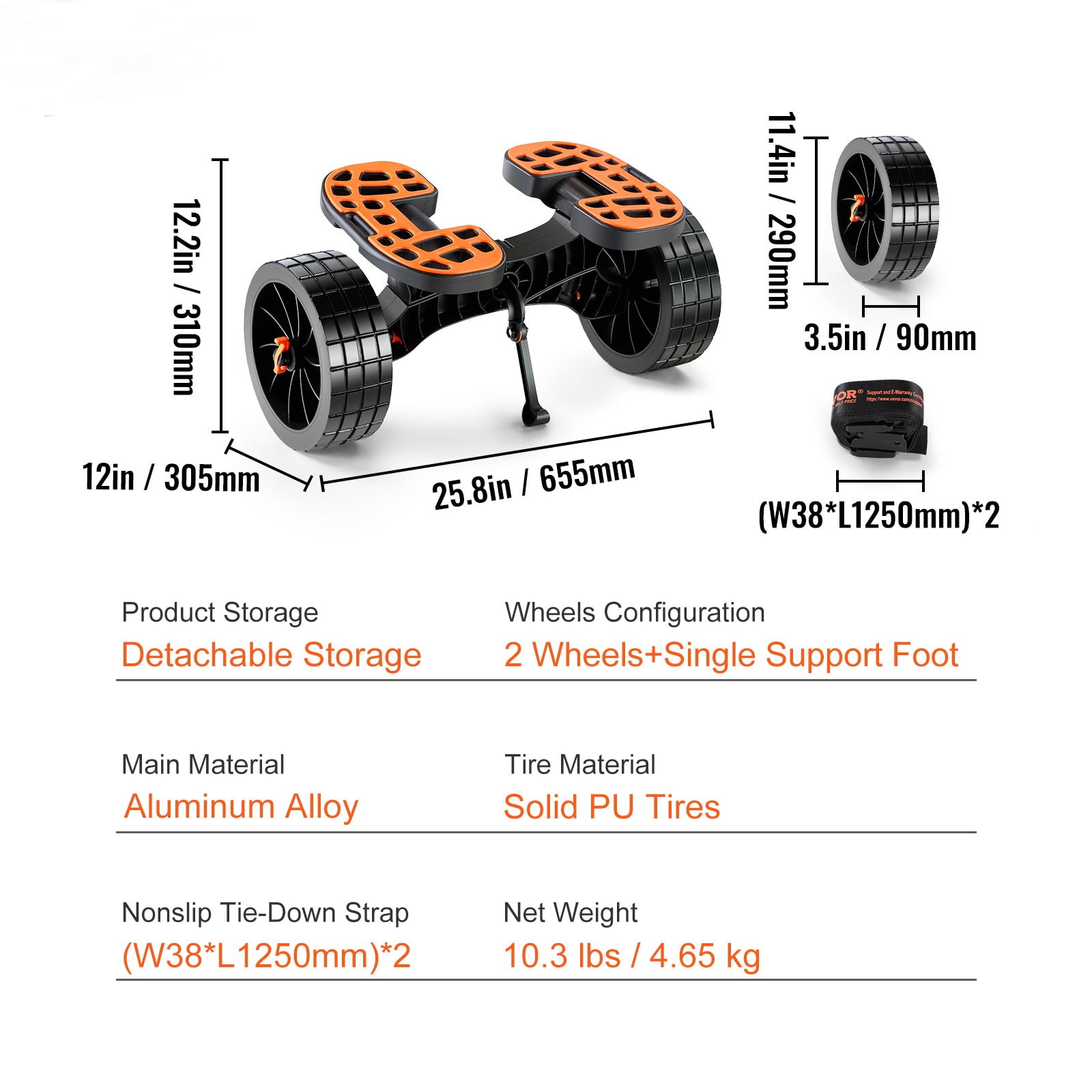 VEVOR Kayak and Canoe Trolley Cart with 10'' Solid Tires，320lbs Load Capacity with Adjustable Brackets and Straps