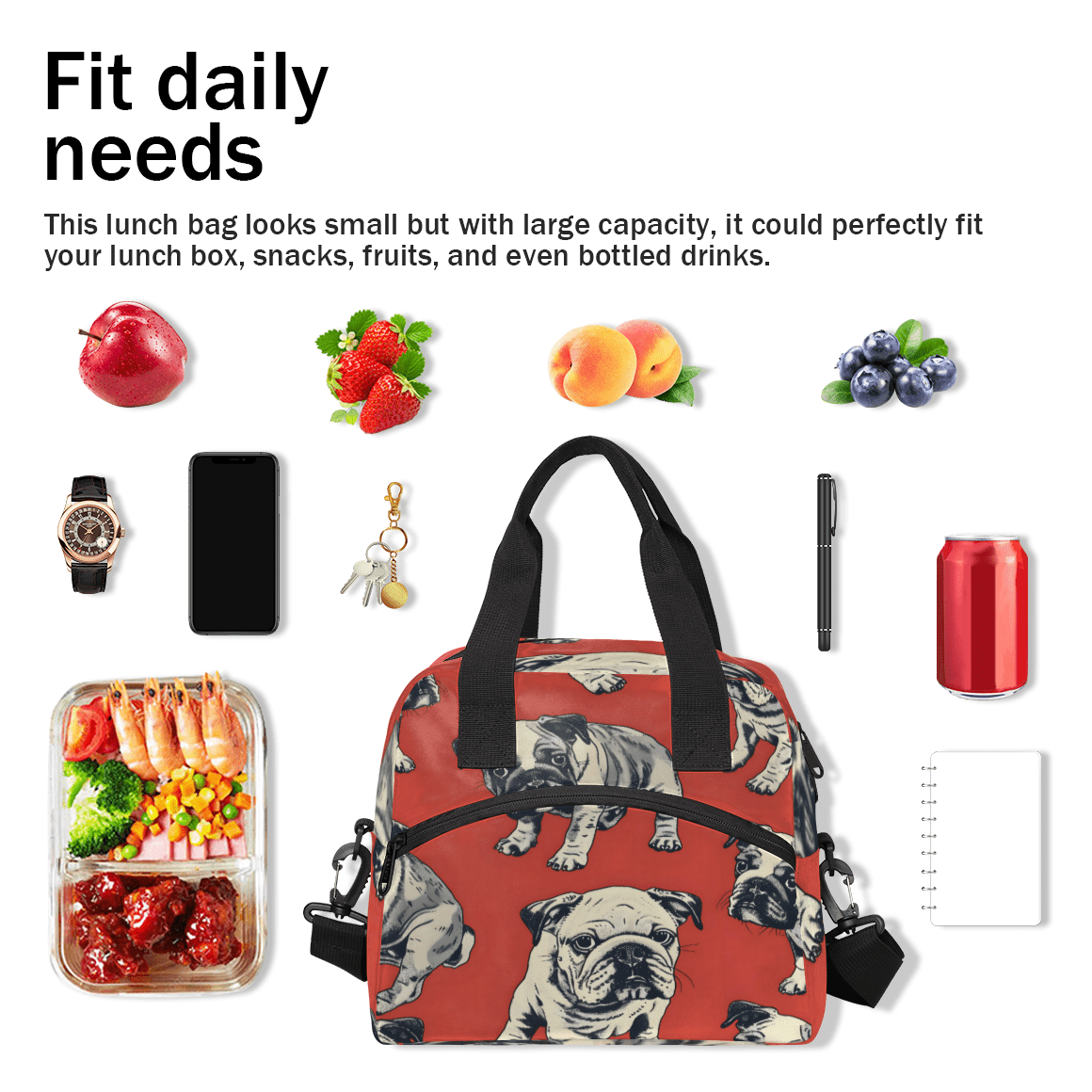 Herdesigns Bulldog Dogs Insulated Lunch Bag for Women Men Adults Large Reusable Lunch Box Leakproof Portable Cooler Tote Bags with Adjustable Shoulder Strap