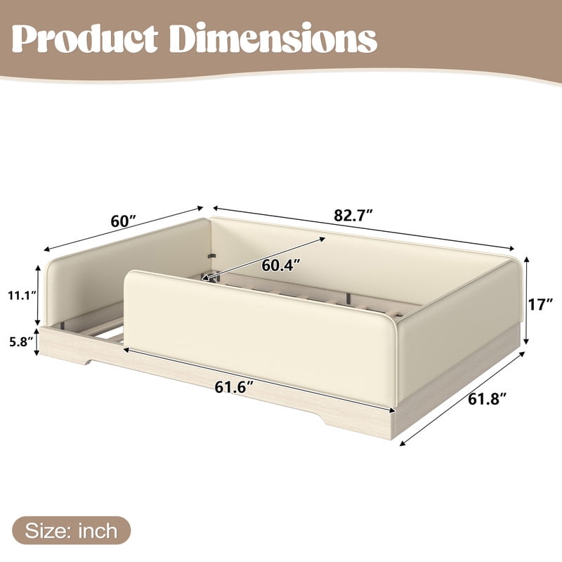 Queen Size Faux Leather Upholstered Floor Bed, Kids Montessori Bed Frame with Removable Guardrail, Low Profile Platform Bed