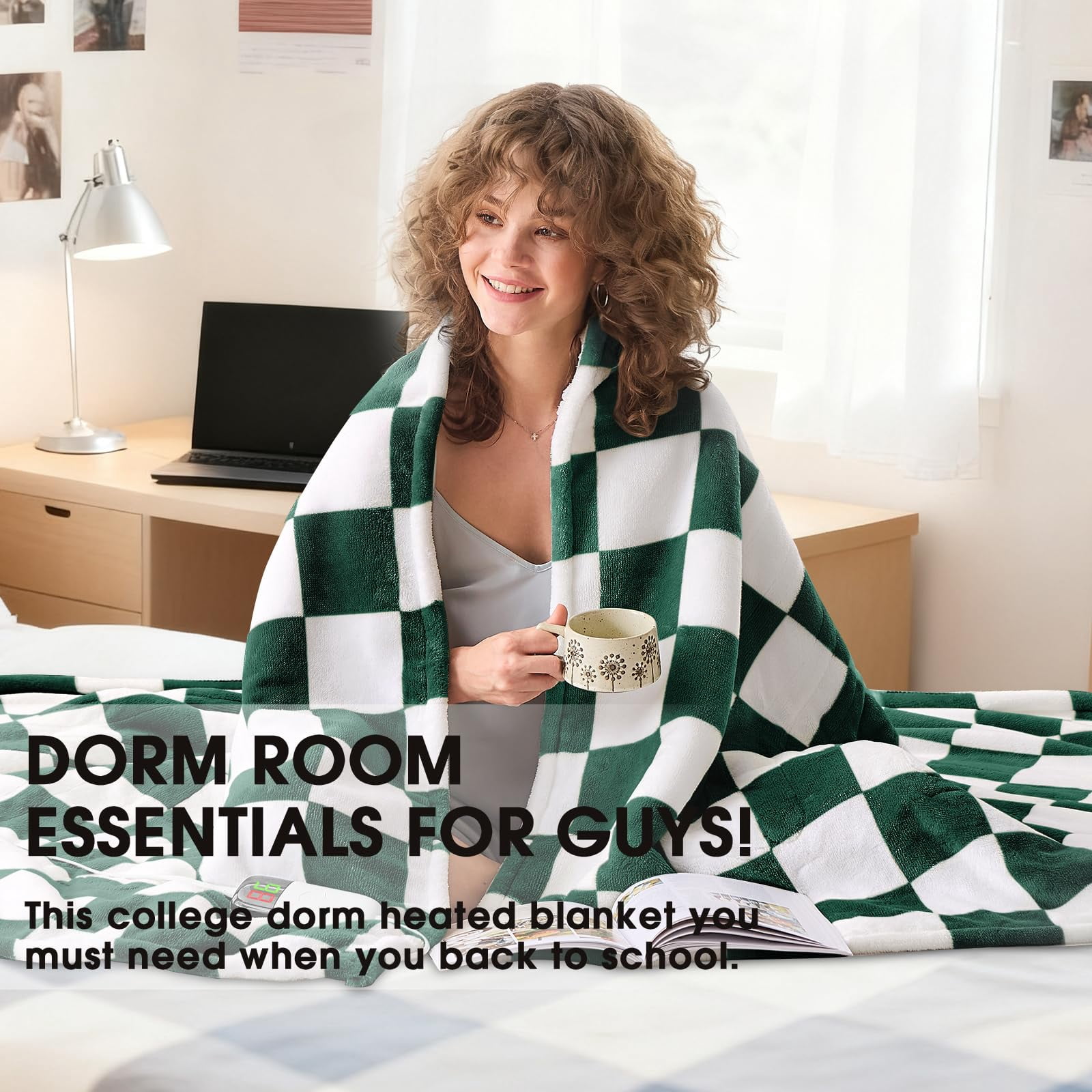 Heated Electric Blanket Throw  50x60 Heating With 10 Heat Level & 8 Hours Auto Off For Lap Dark Green Checkered Plaid Soft Sherpa Blankets Mothers Day Gifts Mom Grandma Women Couch