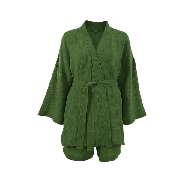 ZAXARRA Ensemble de Pyjama pour Femmes, Robe Ouverte à Manches 3/4 avec Short et Ceinture, Vêtement de Nuit et de Détente
