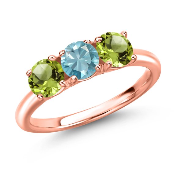 Gem Stone King 18K Rose Gold Plated Silver Blue Zircon and Green Peridot Engagement Ring for Women | 1.95 Cttw | Round 5MM | Gemstone Birthstone | Size 8