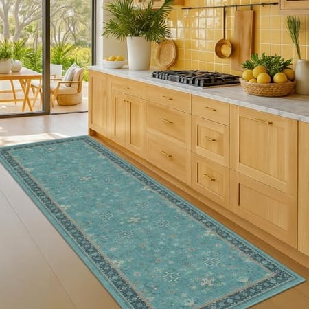 Boho 2x8 Non Slip Kitchen Runner Rugs -Machine Washable Non Skid Vintage Carpet for Hallway Entryway Non Slip with Rubber Backing Floral Aqua Blue Unique Runner D&eacute;cor (Teal)