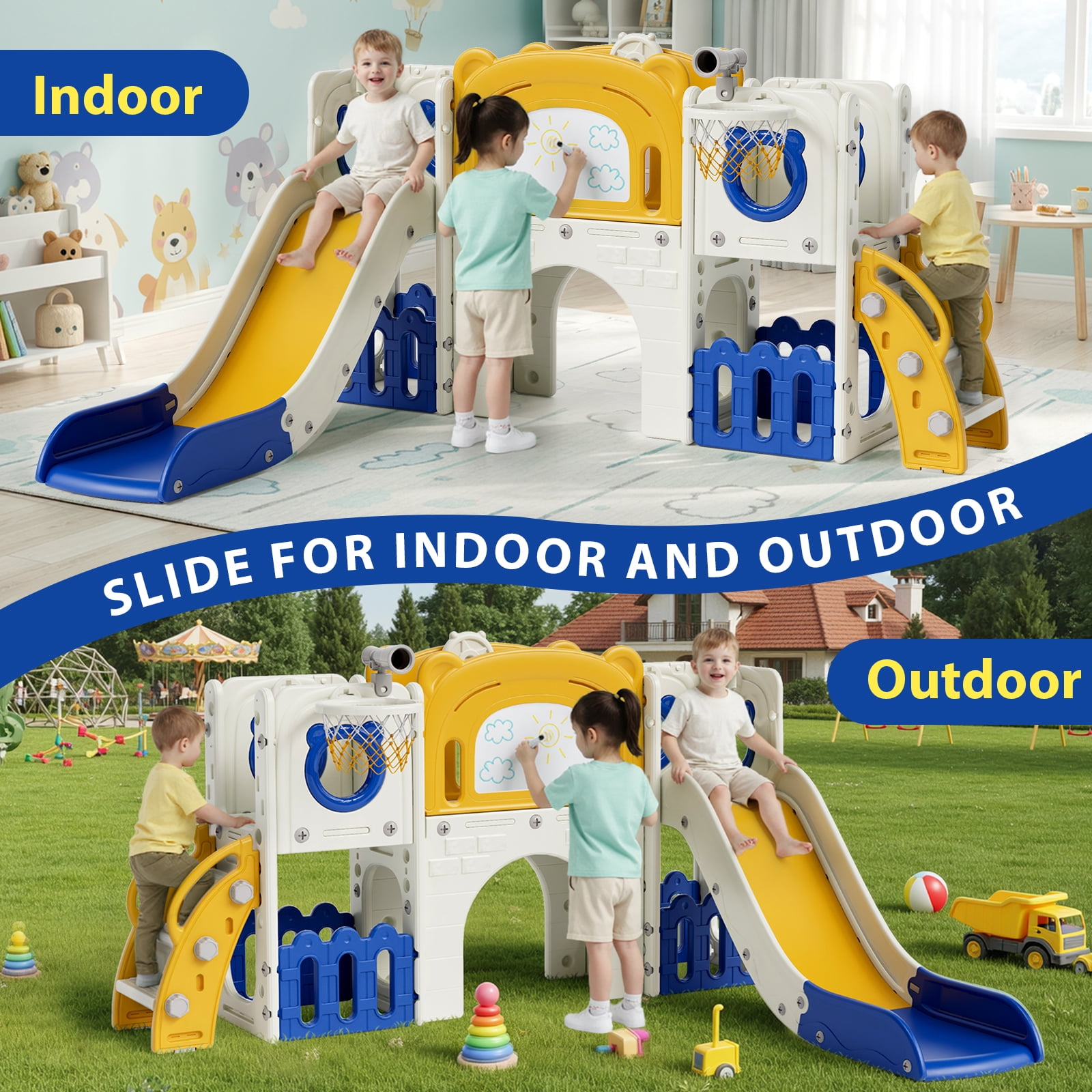 LAZY BUDDY Freestanding Toddler Slide, Kids Climber Slide Playset with Drawing Board, Basketball Hoop, Outdoor Indoor Playground for Toddlers 2+