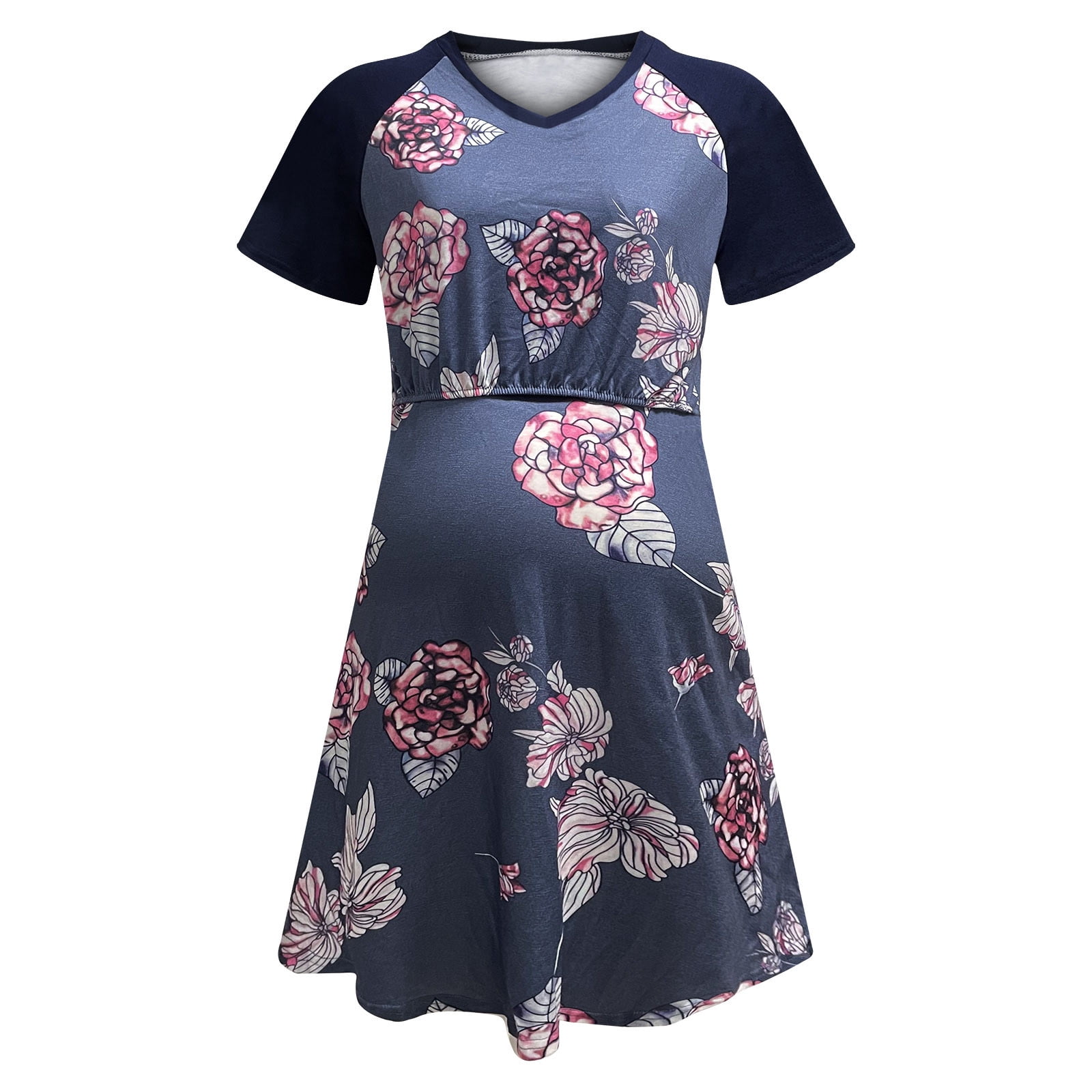 BONIXOOM Christmas Pajamas For Women Thanksgiving Pajamas Sleepwear None Short Sleeve Sleep Dress Printed Navy S