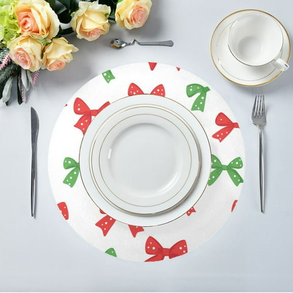 15.4" Round Placemat Set of 1 Polyester Fabric Place Mats Non-Slip Dining Kitchen Table Mats for Kitchen Party Decor Red and Green Bows
