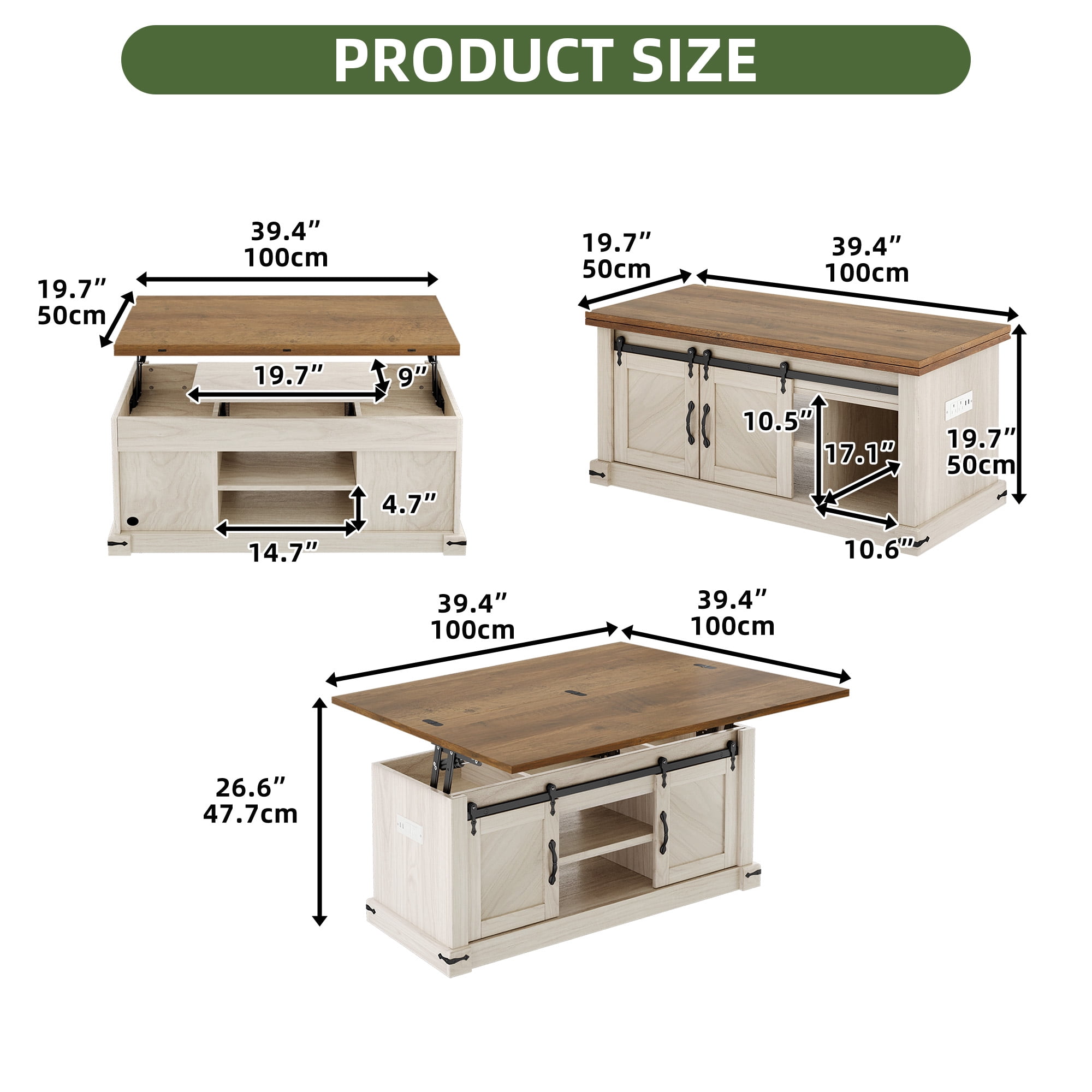 Uforic Farmhouse Lift Top Coffee Table with Charging Station & Barn Doors Storage, Brown