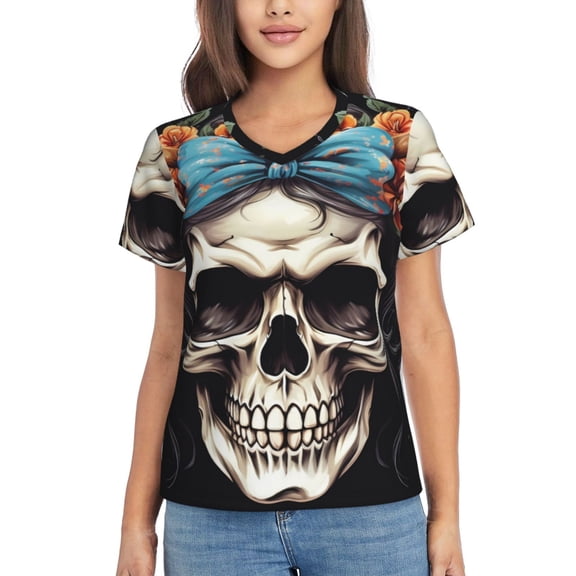 Vsdgher Bow Flower Skull Women Shirts V Neck Short Sleeve Tops T-Shirt Basic Tees, S to 3XLSmall