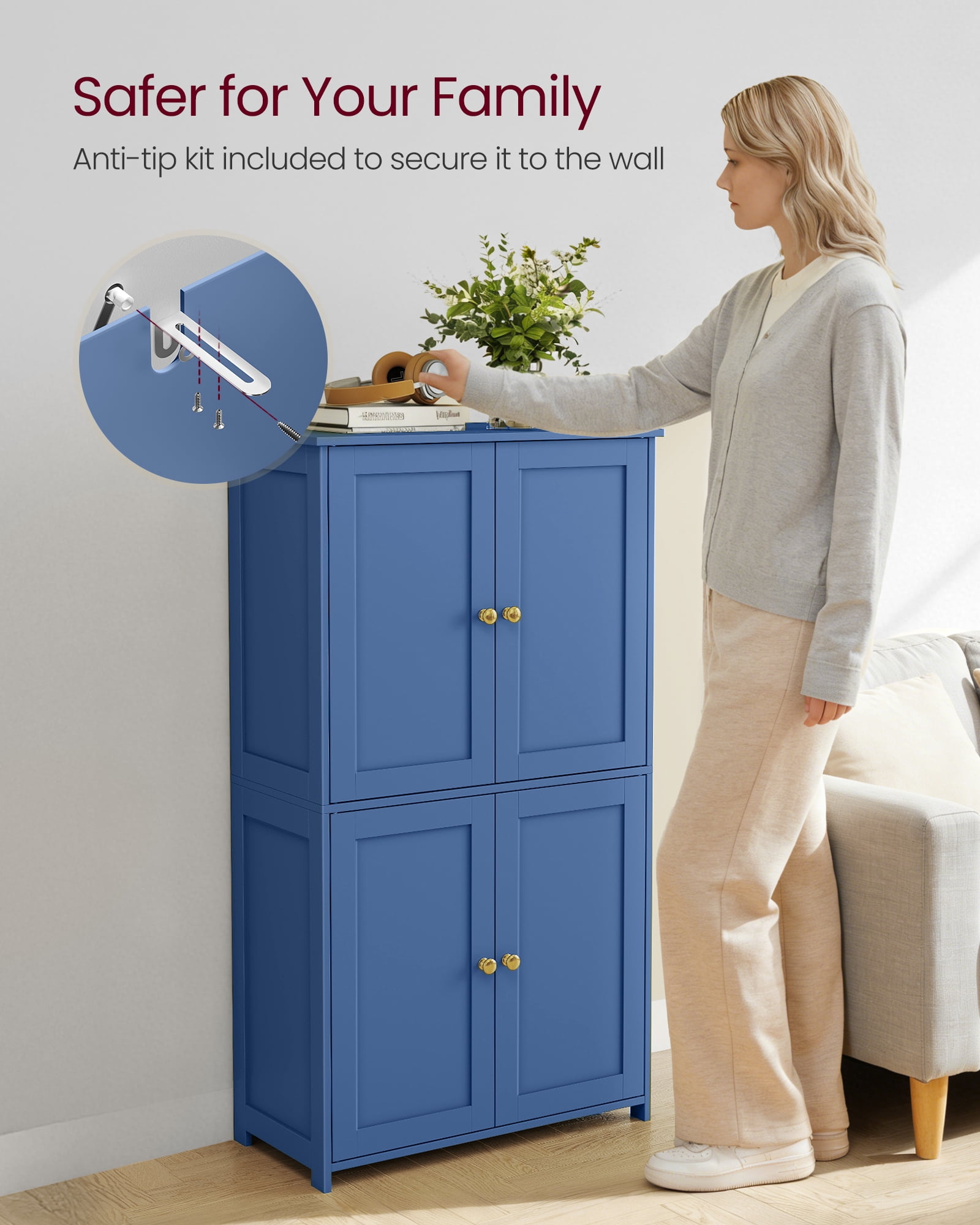 VASAGLE Floor Storage Cabinet, Shaker Cabinet with 2 Adjustable Shelves, 4 Doors, Tall Freestanding Organizer Unit, Bijou Blue