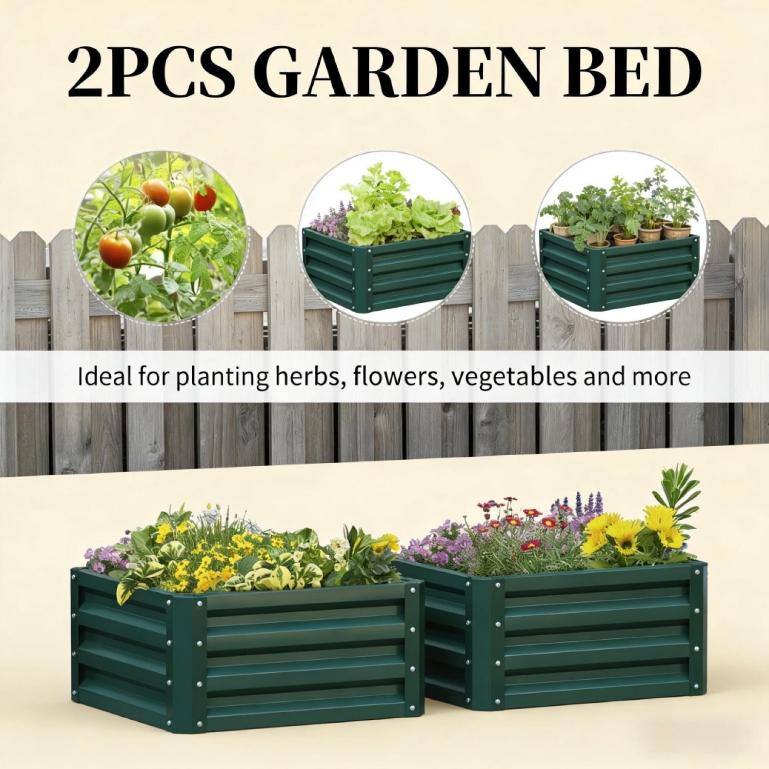Set of 2 Square Metal Raised Garden Bed 23.5 x 23.5 x 12 Green Powder Coated Steel Planter Box for Vegetables Herbs Flowers