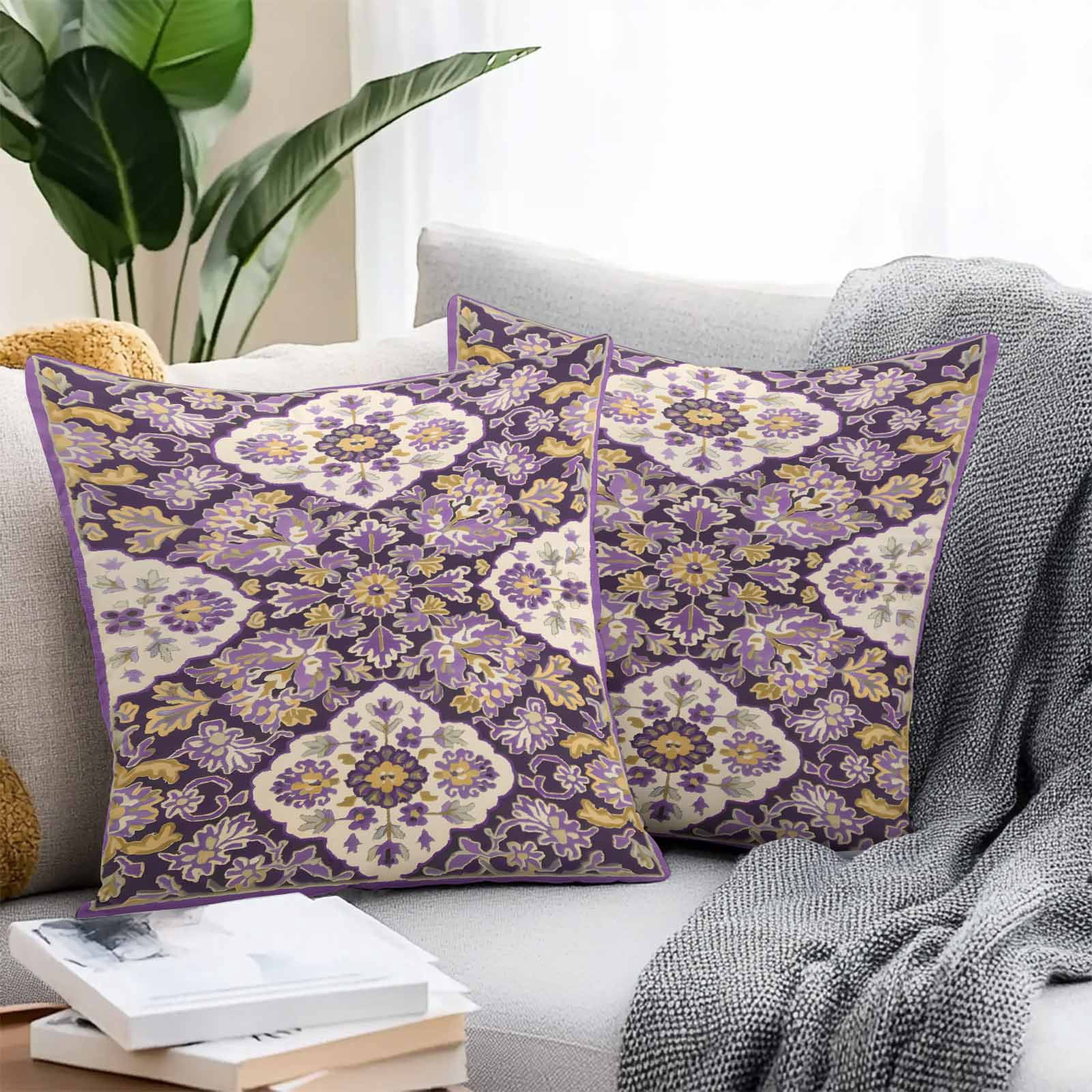 Outdoor Waterproof Throw Pillow Covers Set of 2 Purple Yellow Boho Flower Decorative Pillowcases Outdoor Pillows Cushion Case 16x16 Inch Bohemian Tribe Style Patio Pillows for Couch Sofa Bed Garden