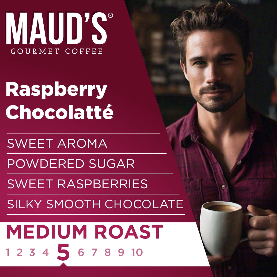 Maud's Raspberry Chocolate Flavored Coffee Pods, 50 ct, Medium Roast Flavored Coffee in Single Serve Pods – 100% Arabica Beans, Compatible with Keurig K Cups Maker