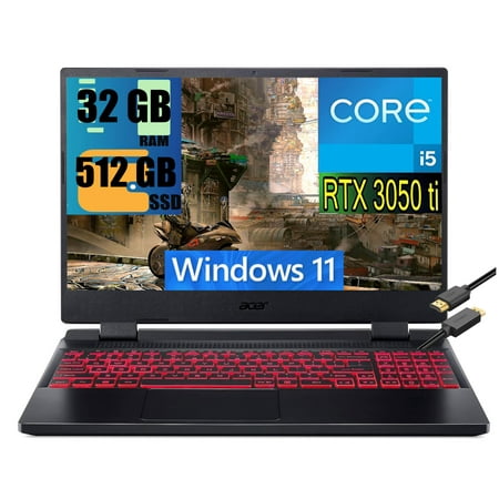 acer Nitro 5 15 Gaming Laptop, 15.6" FHD 144Hz Display, Intel Core i5-12500H 12 cores,RTX 3050 Ti 4GB GDDR6, 32GB DDR4 512GB PCIe SSD, Wi-Fi 6, Backlit Keyboard, Windows 11 + HDMI Cable