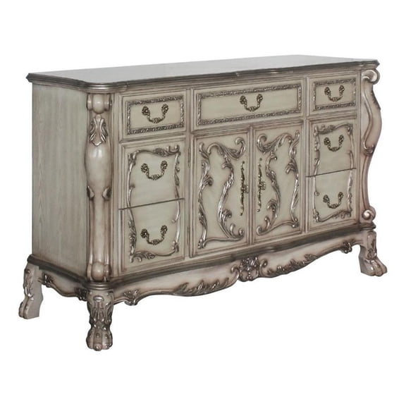 Benjara Traditional Wooden Nightstand with 7 Drawers and Carved Details- Silver