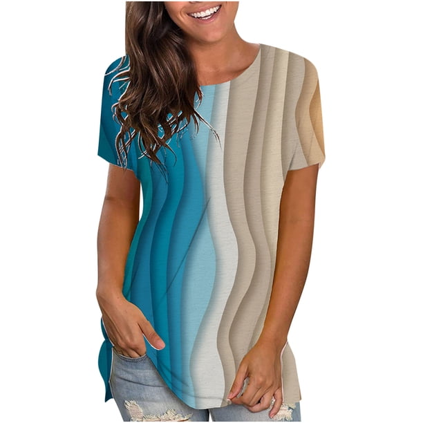 Blusa de manga corta con estampado digital de cuello redondo casual para mujer Pompotops hkajfhjk461849