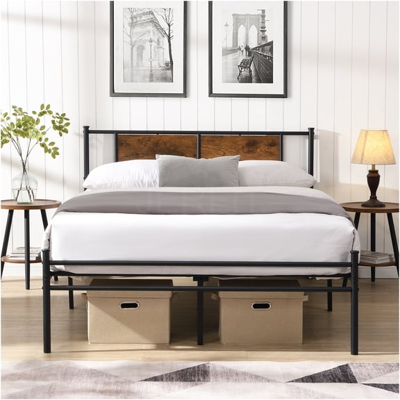 JERFIT Queen Bed Frame with Headboard, Black Metal Platform Bed with Underbed Storage Wood Accent, No Box Spring Needed, Heavy Duty 450lbs Support